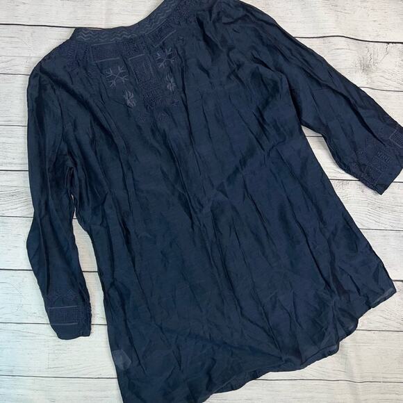 Monoreno Navy Blue Silk and Cotton Embroidered Long Sleeve Tunic Top Size Small - Picture 4 of 5